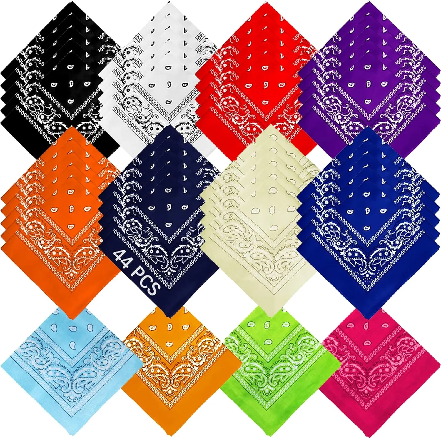 AURUZA 12-44pcs Bandanas for Men Women Paisley Large Bandana Black Red White Head Wrap Headbands Cowboy Handkerchief