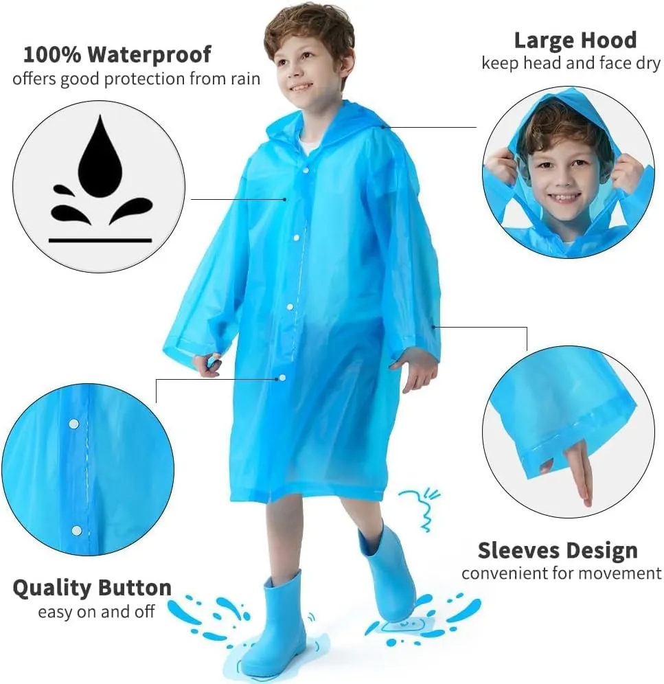 Opret 2 Pack Raincoats for Kids, Reusable Rain Ponchos with Hood and Sleeves Waterproof Rain Coats for Boys and Girls