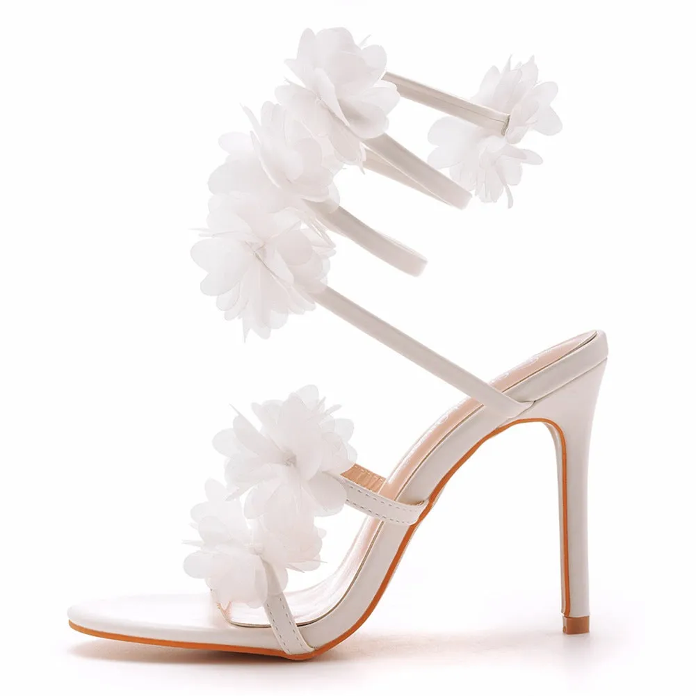 White Appliques Ankle Strap Open Toe Ultra High Heels