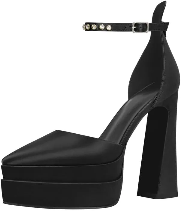 Womens Double High Chunky Platform Pointed Closed Toe Chunky Heels Ankle Strap Rhinestone Pumps Shoes for Dress Wedding Party