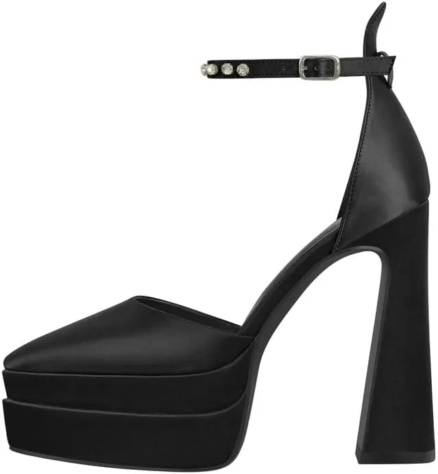 Womens Double High Chunky Platform Pointed Closed Toe Chunky Heels Ankle Strap Rhinestone Pumps Shoes for Dress Wedding Party