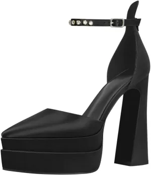 Womens Double High Chunky Platform Pointed Closed Toe Chunky Heels Ankle Strap Rhinestone Pumps Shoes for Dress Wedding Party