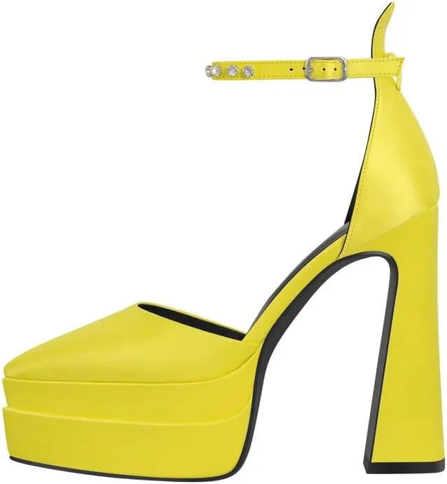 Womens Double High Chunky Platform Pointed Closed Toe Chunky Heels Ankle Strap Rhinestone Pumps Shoes for Dress Wedding Party