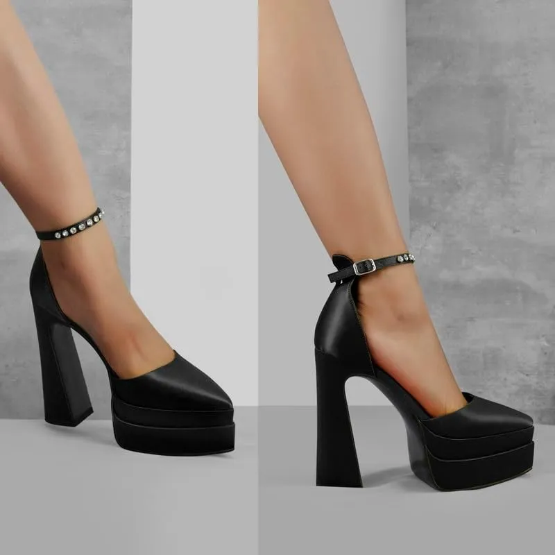 Womens Double High Chunky Platform Pointed Closed Toe Chunky Heels Ankle Strap Rhinestone Pumps Shoes for Dress Wedding Party