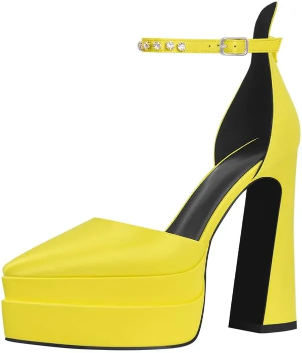 Womens Double High Chunky Platform Pointed Closed Toe Chunky Heels Ankle Strap Rhinestone Pumps Shoes for Dress Wedding Party