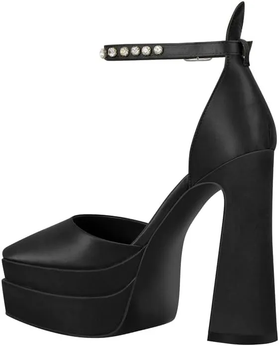 Womens Double High Chunky Platform Pointed Closed Toe Chunky Heels Ankle Strap Rhinestone Pumps Shoes for Dress Wedding Party